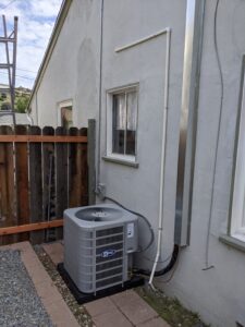 A heat pump installed outside a house in San Diego.