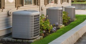 Two large central air conditioning units mounted on stands on a lawn with green plants.